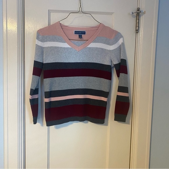 Karen Scott Rib Knit Striped V-neck 100% Cotton Top Size MP - Picture 5 of 11